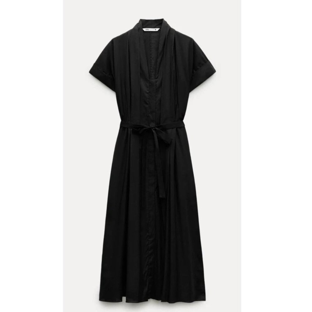 NWT Zara ZW Collection Belted Black Cotton Shirtdress Size M